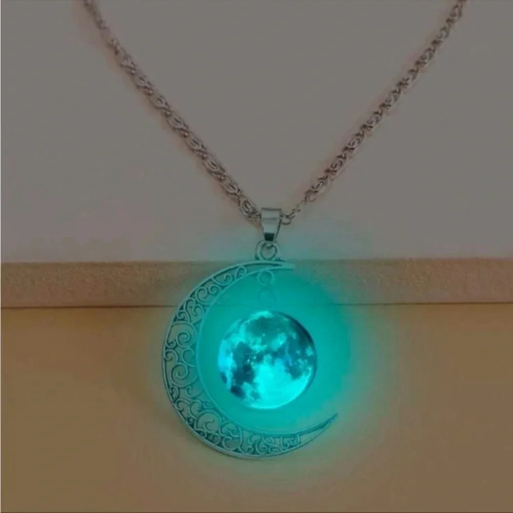 Glow in the Dark Moon Necklace | Crescent Lunar Pendant Silver Chain